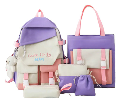 Kit Mochila Escolar Juvenil Com 5 Itens Chaveiro Ursinho