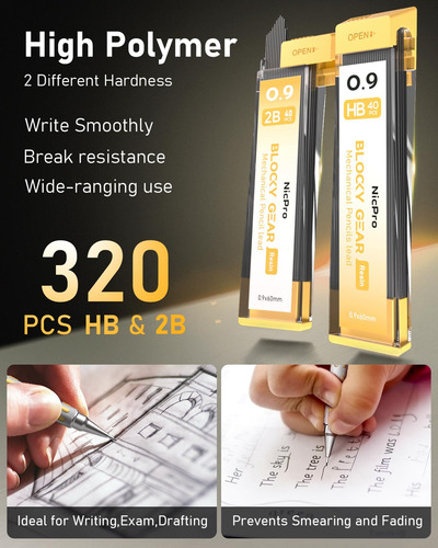 Set Portaminas Plateados Amarillo Punta 0.9mm Con Minas 3 Pz