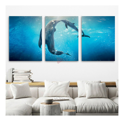Tríptico Delfines Océano Canvas Grueso Cdf9 40x60