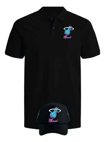 Camiseta Tipo Polo Miami Heat Obsequio Gorra Serie Black