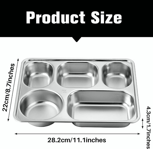 Acero Inoxidable Rectángulo 5 Compartimentos Lunch Plato 2pz