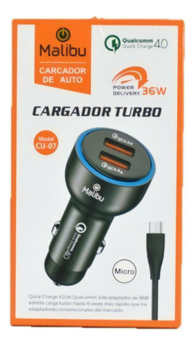 Cargador Usb Auto Micro Con Cable Carga Rapida 4.0  Premium Color Negro