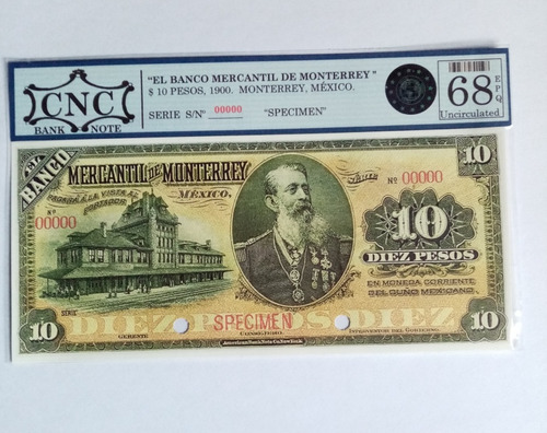 10 Pesos Banco Mercantil De Monterrey Certificado Cnc Facsím