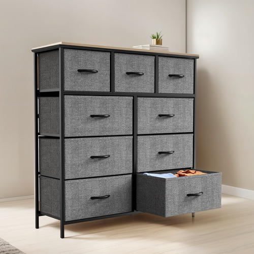 Cómoda Yangming De 9 Cajones Con Acabado En Tela Elegante Gris Oscuro