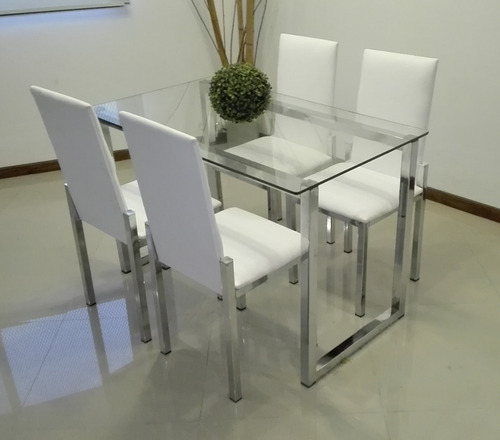 Juego Comedor Cromado 4 Sillas Mesa Vidrio 1,20x0,70 Moderno