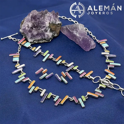 Set De Collar, Pulsera Y Aretes De Plata 925 Modelo Mosaico Multicolor