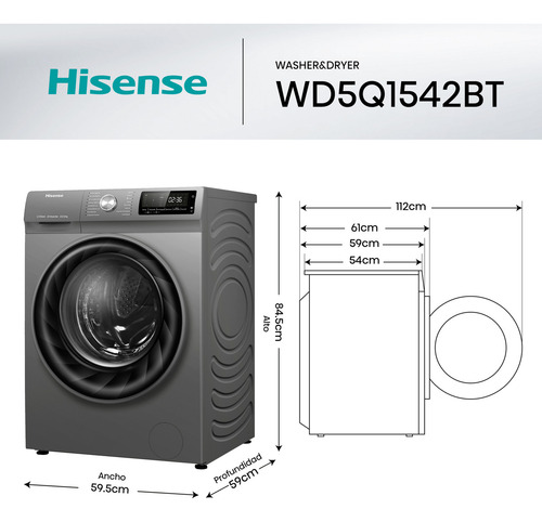Lavasecadora automática Hisense PureJet inverter hasta 15kg color plata