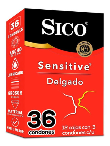 Pack 12 Cajas Sico Condones Sensitive Delgado 36 Piezas