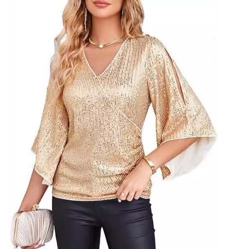 Camisa De Fiesta Ajustada Con Lentejuelas Para Mujer