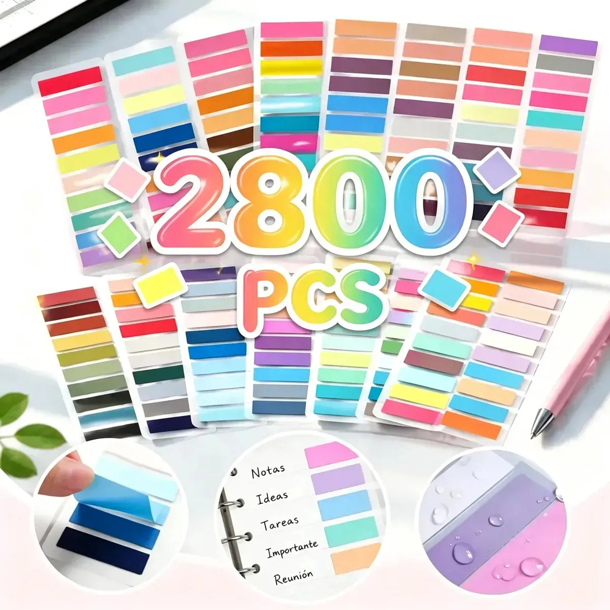 Pack de Señaladores Transparentes de PET para Libros, 2800 Unidades en 14 Colores Neón