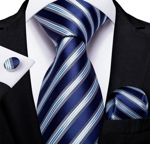 Corbata Azul Con Diseño + Gemelos + Pañuelo. Set Elegante. 