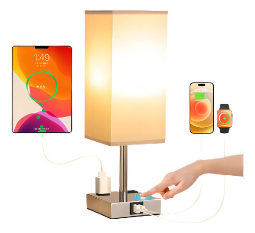 Lámpara de mesa táctil con 1 bombillas con USB A+C y toma de CA, beige, para dormitorio, sala de estar y oficina, con pantalla de tela crema, lámpara de mesa pequeña regulable de 3 modos