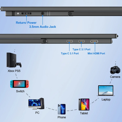Monitor Portátil Uperfect 18,5 Ips 120hz 1080p Full Hd Ultra Slim Fino Com Suporte Dobrável Integrado Preto