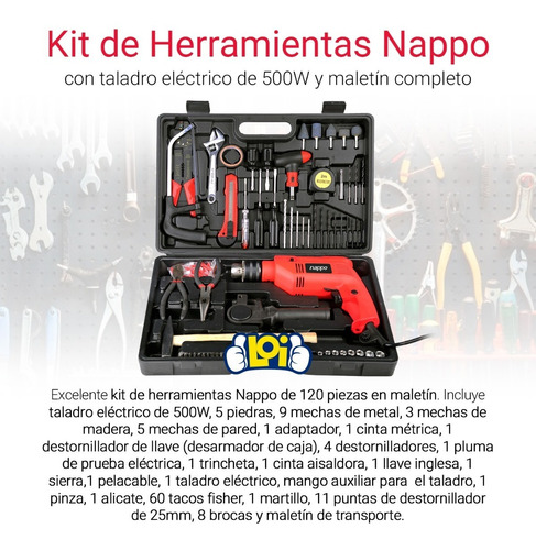 Kit De Herramientas Nappo Con Taladro 500w Y Maletin Loi 