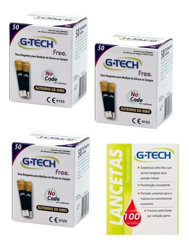 150 Tiras Teste Glicemia P/ G-tech Free Smart + 100 Lancetas