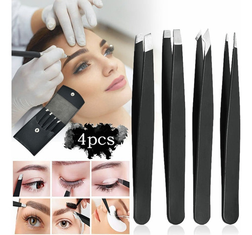 Imagen 1 de 10 de Set 4 Pinzas Cejas Antiestáticas Depilación Acero Inoxidable