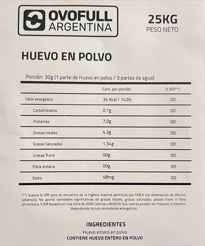 Huevo En Polvo (25 Kg) Ovofull