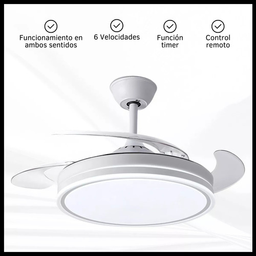Ventilador Retráctil De Techo 4 Aspas Plásticas Transparentes Control Remoto Luz Cálida Fría