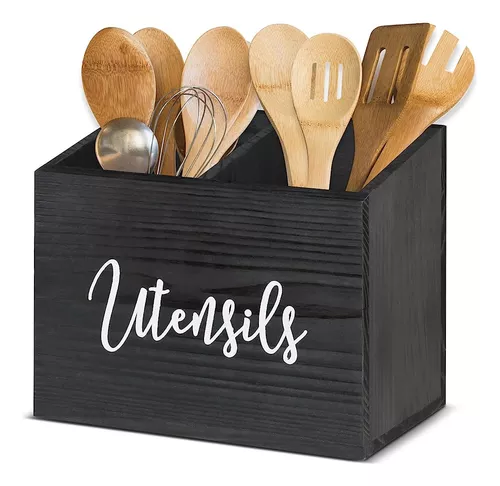  Organizador de utensilios de cocina de madera con 2  compartimentos, soporte rústico para utensilios de cocina para encimera de  cocina, caja organizadora de utensilios de madera para decoración de cocina  de