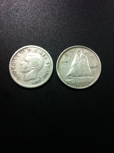 2 Monedas Canadá 10¢ Velero Plata 1943-1949 Rey George V|