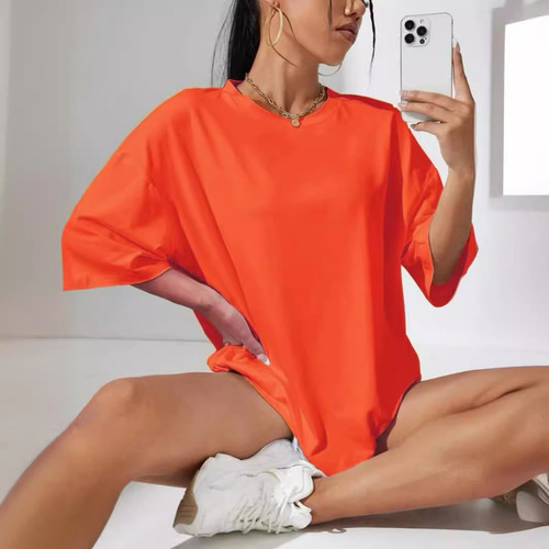 Playera Mujer Oversize Manga Corta Camiseta De Color Sólido