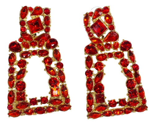 Aros Bañado En Oro Cristales Swarovski Rojos Geométricos