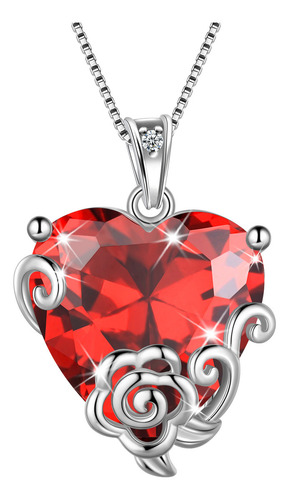 Collar Corazón Para Mujer 925 Plata Corazón Dije Y Circón Color Rojo Granate - Enero