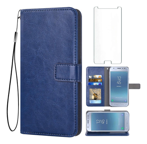 Funda Para Samsung Galaxy J3 - Azul + Tarjetero + Vidrio