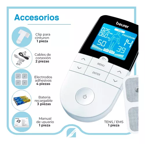 Beurer EM49 Electroestimulador digital masaje EMS TENS, pantalla LCD, 2  Canales, 4 Electrodos autoadhesivos + 8 electrodos de recambio