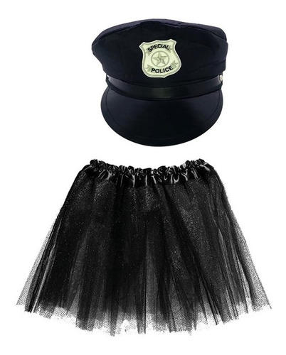 Fantasia Feminina Policial Carnaval Chapeu Quepe + Saia 40cm Cor Preto