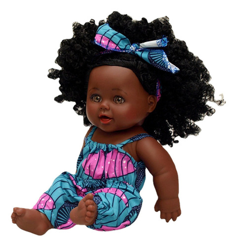 Muñeca Bebé Lavable 30 Cm Piel Negra Con Atuendos Pelo Rizad