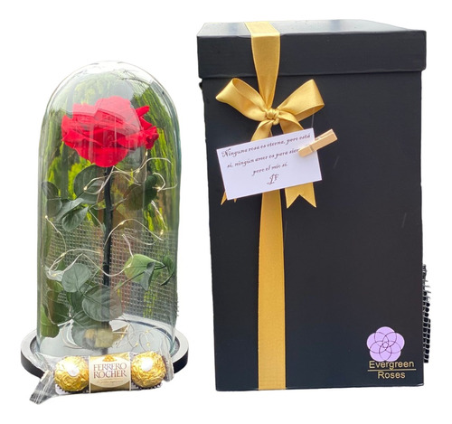  Rosa Preservada Cúpula Vidrio Ferrero Caja Regalo Leds Roja