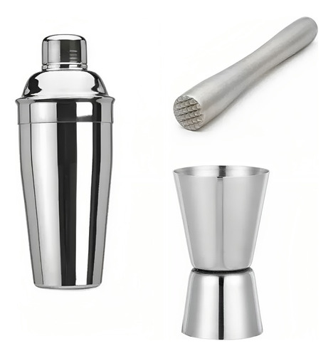 Set Bartender Coctelera + Machacador + Medida Doble Ac.inox