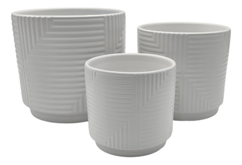 Set 3 Maceteros Maceta De Ceramica Blanco Con Linea Cuadrada
