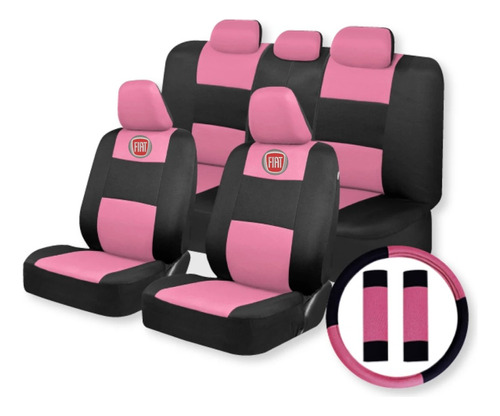 Funda Tela Negro Rosa Fiat+ Cubre Volante Y Cinturones