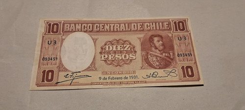 Billete Chile 10 Pesos Febrero 1931 Figueroa Burr Primero