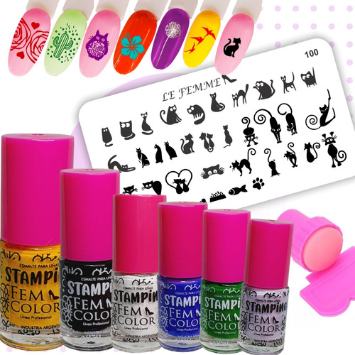 Kit Stamping 6 Esmaltes Fem Color 1 Placa Sello Deco Lefemme