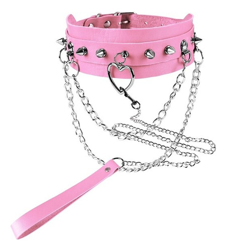 Collar De Cuero Para Mujer, Collar Con Remaches Ex Pink