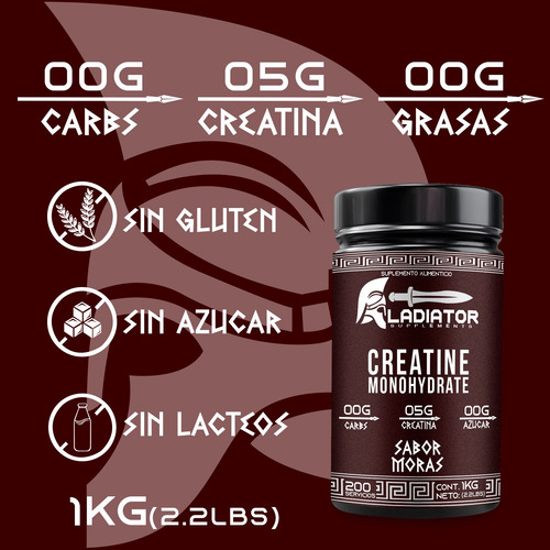 Creatina Gladiator 1 K + Gluteo Peptonas De Regalo Moras - Sin Sabor