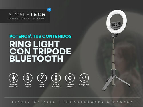 Imagen 2 de 6 de Led Ring Selfie Stick + Tripode + Control Bluetooth