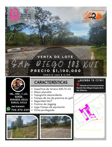 Venta Lote San Diego 103 Mz Xvi Con Todos Los Servicios, Vistas Panorámicas, Proyecto Arquitectónico Incluído En Av Principal Fracc Rancho San Diego Ixtapan De La Sal Edomex