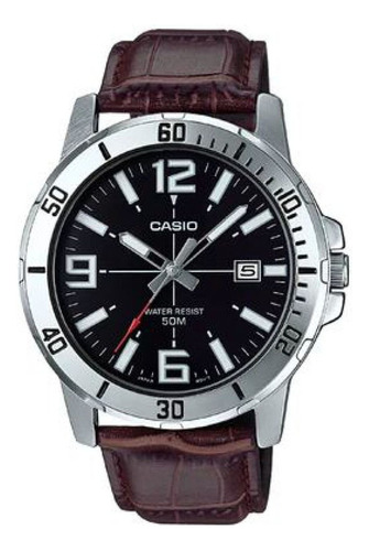 Reloj pulsera Casio MTP-VD01 con correa de cuero color marrón - fondo negro - bisel plateado