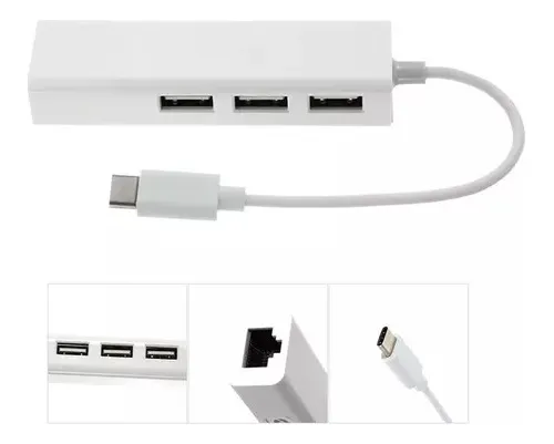 Convertidor Tipo C A Rj45 Lan + Hub 3 Usb 2.0