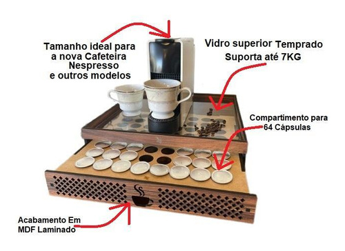 Bandeja Cafeteira Nespresso Gaveta Porta Cápsulas Madeira