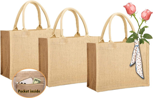3 Pcs Large Jute Burlap Tote Bags With Pocket Inside, Blank 