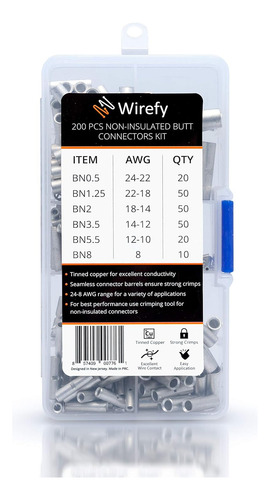 Kit De Conectores A Tope Wirefy No Aislados De 200 Piezas -