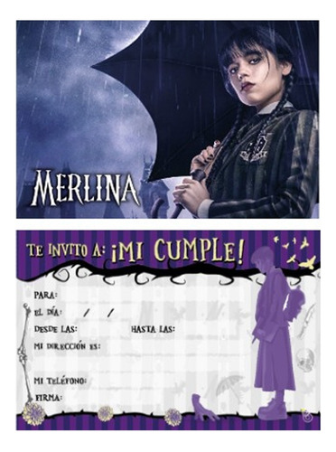 Invitacion Cumpleaños Merlina Addams Cotillon Pack X10 Unid