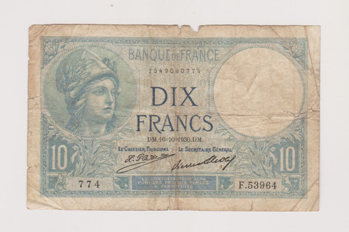 Billete De Francia 10 Francos Año 1930 Bueno Faltante