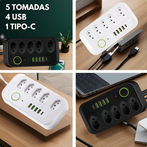 Extensão Filtro De Linha 5 Tomadas Segurança Tipo C 4 Usb Cor Preto