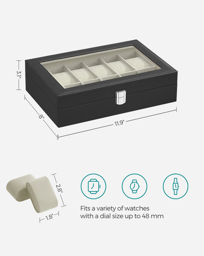 Watch Box Songmics De 12 Ranuras Con Tapa De Cristal Y Cojin